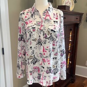 Karl Lagerfeld White Blouse with Pink & Black Paris Graphic